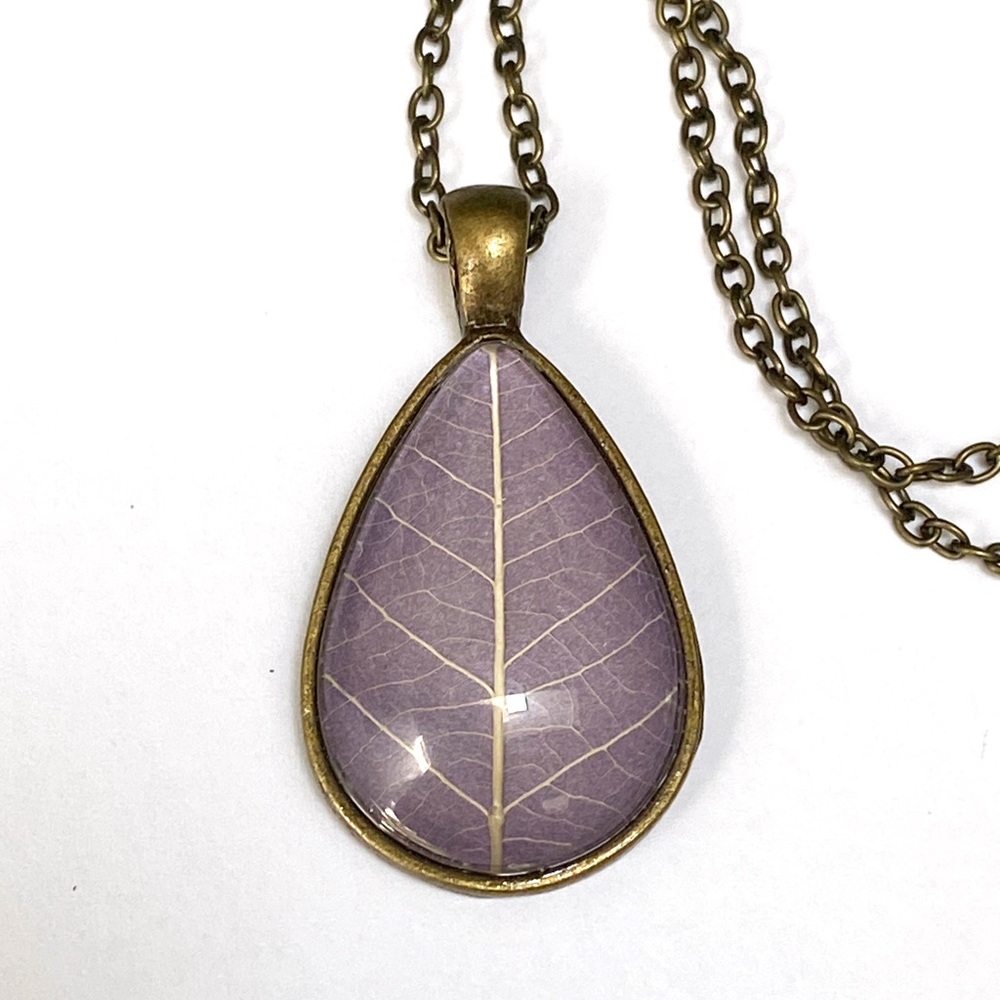Beautiful Lavender and Antique Brass Pressed Leaf Necklace